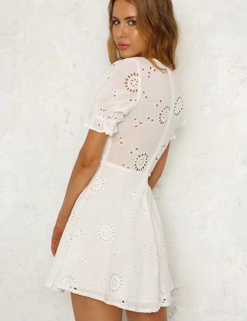 Fashion White Pure Color Decorated V Neckline Dress
